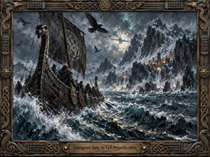 A Viking longship battles through towering, icy waves toward a firelit mountain stronghold beneath storm clouds and a faint green aurora. Ravens circle overhead as cold blue-gray seas contrast with warm golden lights. Richly textured, oil-painted brushwork and an ornate Norse-inspired metal frame heighten the fierce, mythic, windswept atmosphere.