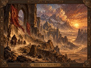 A caravan of riders crosses a rugged desert pass toward ancient stone ruins and a distant domed city beneath towering mountains. Fiery sunset light floods the scene with amber, bronze, and crimson tones, creating an epic, mysterious mood. Rich painterly textures, windblown banners, drifting dust, and an ornate carved frame heighten the monumental atmosphere.