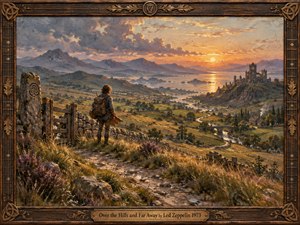 A lone traveler stands on a rugged hillside path overlooking a vast golden valley, distant mountains, winding river, ruined abbey, and glowing sunset. Warm amber light contrasts with cool blue-gray peaks and dramatic clouds. Richly textured oil-painting brushwork, weathered stone, grasses, wildflowers, and an ornate carved wooden frame create a nostalgic, adventurous mood.