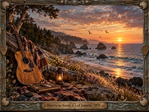 A weathered acoustic guitar rests beside a glowing lantern on a patterned blanket overlooking a rugged seaside at sunset. Warm gold, turquoise, and earthy tones create a nostalgic, peaceful mood. Rocky cliffs, rolling surf, wildflowers, distant birds, and misty headlands deepen the scene, framed by ornate, handcrafted nautical-metal details.