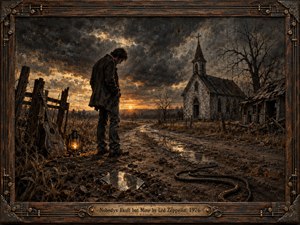 A bowed, solitary man stands on a muddy road at dusk beside a battered guitar and glowing lantern, facing a weathered church and collapsing shack under a storm-dark sky. Painted in a richly textured, southern-gothic style, the image uses sepia, charcoal, and ember gold tones, with dramatic light, symbolic debris, and an ornate framed presentation.