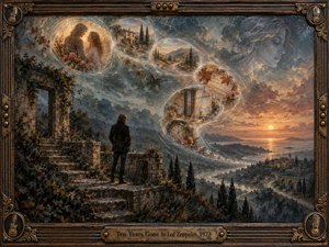 A solitary man stands among ivy-covered stone ruins, gazing across a glowing coastal valley as an S-shaped stream of translucent memories curls through the stormy sky. Warm amber, bronze, rose, and slate-blue tones blend in textured painterly layers, while ornate guitar-inspired framing reinforces the wistful meditation on love, distance, and passing time.