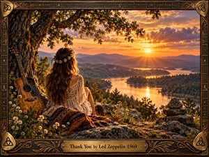 A woman crowned with daisies sits beside an acoustic guitar beneath a sprawling tree, overlooking a glowing river valley at sunset. Warm gold, amber, and violet light creates a tender, nostalgic mood. Photorealistic textures, wildflowers, distant mountains, carved symbols, and an ornate wood-and-brass frame enrich the composition.