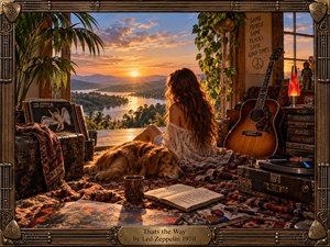 A young woman and sleeping dog rest in a warmly decorated 1970s room overlooking a glowing river valley at sunset. Rich amber light, deep wood tones, patterned textiles, records, guitars, plants, and a turntable create a nostalgic, reflective mood. An ornate metallic frame and engraved title plate complete the handcrafted composition.