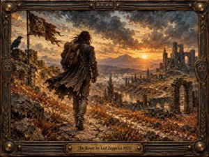 A solitary traveler crosses a rugged, ruined landscape beneath a fiery sunset, framed by dark mountains, broken stone arches, and a weathered banner. Warm amber, bronze, and charcoal tones create a restless, adventurous mood. Thick painterly textures, dramatic clouds, and an ornate metal-and-wood frame reinforce the epic, handcrafted atmosphere.