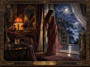A solitary woman stands between a lavish amber-lit room and a moonlit coastal terrace, embodying longing, temptation, and uncertainty. Deep crimson fabrics, carved wood, reflective glass, and an ornate mirror contrast with silver-blue waves and stormy cliffs. Painterly oil textures, billowing curtains, and dramatic light create a romantic, haunting atmosphere.