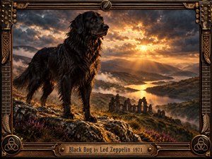 A powerful black dog stands on a rugged mountain ledge above a mist-filled valley, winding water, and ancient ruins. Dramatic golden sunset light breaks through storm clouds, illuminating dark fur, bronze earth tones, and purple heather. The cinematic fantasy realism is framed by ornate guitar-inspired metalwork and a weathered engraved title plate.