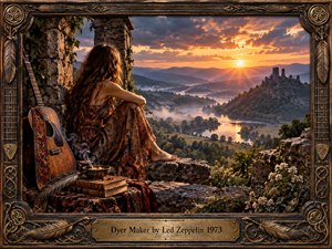 A solitary woman rests among weathered stone ruins beside an acoustic guitar, overlooking a misty river valley at sunset. Warm amber light cuts through dramatic clouds, illuminating distant hills and a ruined tower. Rich earth tones, flowing fabric, wildflowers, smoke, and an ornate carved frame create a romantic, handcrafted 1970s atmosphere.