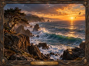 A rugged coastline glows beneath a fiery golden sunset as powerful teal waves crash against dark sea stacks and weathered cliffs. A windswept tree anchors the foreground, while seabirds cross the luminous sky. Rich photographic realism, dramatic light, mist, foam, and an ornate nautical bronze-and-wood frame create a majestic, timeless atmosphere.