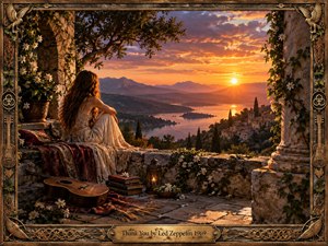 A solitary woman rests on a flower-covered stone terrace overlooking a glowing mountain lake and distant village at sunset. Warm amber light, deep shadows, trailing ivy, an acoustic guitar, books, and lantern create a tender, timeless mood. The richly detailed romantic realism is enclosed by an ornate bronze-and-wood musical frame.
