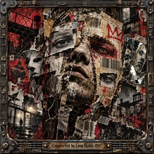 A fractured face emerges from torn posters, barcodes, stitched paper, and shattered mirrors in a decaying industrial city. Crimson graffiti cuts through charcoal shadows and weathered beige textures, while distant figures haunt smoky streets. Dramatic lighting intensifies the confrontational atmosphere, enclosed by a bolted metal frame and engraved title plate.