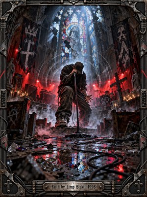 Inside a ruined Gothic cathedral, a lone vocalist crouches over a microphone amid broken pews, drifting smoke, and shattered glass. Crimson stage lights clash with icy blue beams pouring through stained windows. Reflective puddles, coiled cables, and a riveted metal frame heighten the rebellious, haunting energy of this cinematic digital artwork.