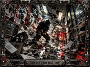 A hooded figure hunches in a wrecked industrial hallway as scattered papers swirl beneath harsh fluorescent lights. Distorted walls, shattered debris, and crimson reflections convey explosive frustration. Gritty digital realism combines charcoal grays, metallic blacks, and fiery reds, surrounded by an intricate industrial frame featuring bolts, cables, and guitar hardware.