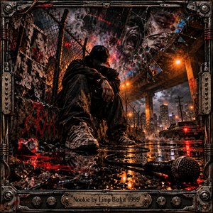 A brooding figure sits beneath a rain-soaked urban overpass, surrounded by shattered glass, torn posters, and scattered debris. Fiery orange streetlights illuminate reflective pavement against smoky charcoal shadows. Distorted faces hover overhead, suggesting anger and heartbreak. Gritty digital artwork fills an industrial metal frame with an engraved title plate.