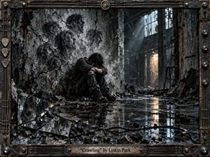 A solitary figure sits hunched in a ruined industrial building, surrounded by cracked walls, shattered mirrors, debris, and ghostly faces emerging from damaged plaster. Cold grays and blackened metal dominate, pierced by pale blue daylight and distant amber glow. Gritty photorealistic detail, wet reflections, and a mechanical frame intensify the claustrophobic mood.