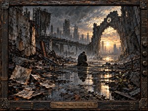 A solitary figure kneels amid the shattered remains of an industrial city, surrounded by twisted steel, broken concrete, and reflective pools of water. Storm-dark grays and rusted browns contrast with a distant golden sunrise, creating a mood of remorse and renewal. Painterly textures, ruined architecture, birds, and a small flower suggest fragile hope.