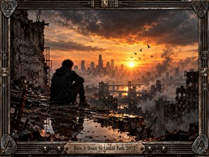 A lone figure sits amid shattered rooftop ruins overlooking a smoke-filled city at sunset. Fiery orange light breaks through brooding clouds, reflecting across wet debris and distant water. The cinematic digital artwork blends destruction, isolation, and renewal, framed by weathered industrial metal, guitar-inspired details, engraved hardware, and rugged textures.