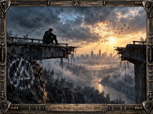 A lone figure sits on the fractured edge of a ruined bridge above a misty river valley, facing a distant city beneath turbulent storm clouds. Golden sunlight breaks through the darkness, creating a tense yet hopeful atmosphere. Industrial metal framing, exposed rebar, birds, and weathered textures reinforce the cinematic dystopian style.