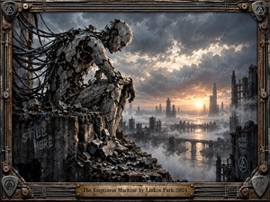A shattered mechanical figure sits hunched above a ruined futuristic city, tethered by cables and surrounded by crumbling concrete. Storm clouds part around a distant golden sunrise, illuminating misty towers and waterways. Cold steel, charcoal gray, and warm amber tones create a bleak yet hopeful cinematic atmosphere within an industrial metal frame.