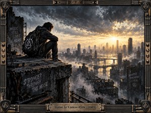 A solitary figure sits on a crumbling rooftop overlooking a vast industrial city beneath turbulent storm clouds and brilliant golden sunlight. Gritty charcoal tones, smoky haze, graffiti, fractured architecture, and reflective waterways create tense isolation, while the radiant horizon suggests resilience. An intricate metal frame with guitar strings completes the cinematic composition.
