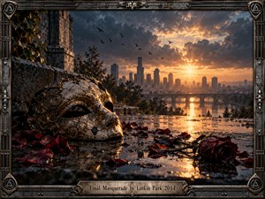A cracked ornate masquerade mask rests on rain-slick stone amid scattered crimson petals and a wilted rose. A distant city glows beneath a dramatic golden sunset and brooding clouds, creating a melancholic, reflective mood. Detailed photorealism, shimmering reflections, birds, and an industrial metal frame reinforce themes of endings and fading illusions.