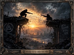 Two silhouetted figures reach across a shattered overpass above a misty ruined city, capturing conflict, separation, and fragile connection. Storm clouds surround a glowing amber horizon, creating dramatic contrast against charcoal rubble. Cinematic digital realism, weathered concrete, exposed metal, graffiti, and an industrial guitar-inspired frame deepen the tense atmosphere.