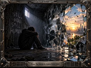 A solitary figure sits in a decaying concrete room beside a shattered wall, reflecting fractured identities against a radiant city sunrise. Cold charcoal shadows contrast with warm gold and blue light, creating a tense yet hopeful mood. Cinematic photographic realism, broken glass, industrial textures, and a rugged metal frame intensify the emotional isolation.