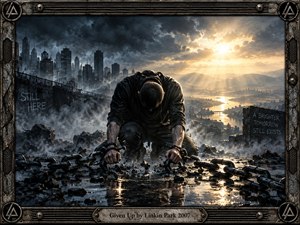 A bowed figure kneels amid shattered chains and rain-dark rubble, framed by a stormy industrial city and distant glowing horizon. Cold charcoal blues contrast with warm golden sunlight breaking through heavy clouds. Cinematic digital realism, reflective puddles, drifting smoke, fractured concrete, and weathered metal create a tense atmosphere of exhaustion and defiance.