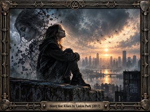 A solitary woman sits on a weathered rooftop above a misty city at sunset, while a fractured shadow figure dissolves behind her. Stormy blue-gray clouds contrast with warm golden light, creating a tense yet hopeful mood. Detailed digital realism, birds, industrial textures, and an ornate metal frame heighten the emotional atmosphere.