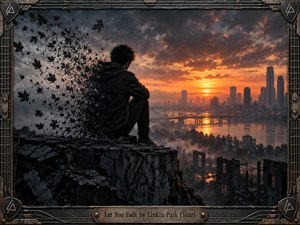 A solitary figure sits on a ruined rooftop overlooking a distant city beneath a fiery orange sunset. His shadowed form dissolves into drifting fragments and leaves, suggesting fading memory and loss. Cool charcoal ruins contrast with radiant amber light, while an industrial guitar-inspired metal frame reinforces the melancholic cinematic atmosphere.