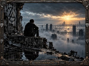A solitary figure sits amid shattered concrete above a fog-drowned futuristic city, conveying isolation, memory, and emotional distance. Cold charcoal ruins and steel-blue haze contrast with warm golden sunlight breaking through storm clouds. Reflective puddles, distant towers, and an industrial metal frame create a cinematic, dystopian atmosphere of fragile hope.