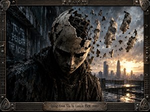 A fractured figure stands against a ruined industrial city, its cracked face breaking into drifting mask-like fragments beneath a stormy sky. Cold blacks and grays contrast with warm sunset light, creating a tense, conflicted mood. Intricate wires, weathered textures, and a rugged metal frame reinforce the dark digital surrealism.
