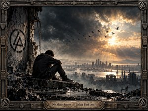 A solitary figure sits amid shattered ruins overlooking a scarred city beneath towering storm clouds. Warm golden sunlight breaks through the darkness, illuminating distant water, buildings, and circling birds. Moody digital realism, charcoal blacks, steel grays, and amber highlights create defiant tension, enclosed by an intricate weathered industrial metal frame.