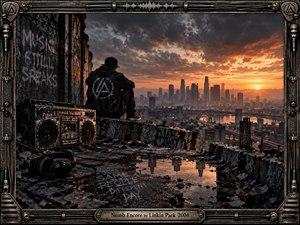 A lone hooded figure sits on a ruined rooftop overlooking a sprawling city at sunset. Stormy charcoal clouds contrast with fiery orange light, reflecting in rain puddles among rubble, headphones, and a battered boombox. Industrial metal framing, graffiti, microphones, and distressed textures create a gritty, cinematic urban atmosphere.