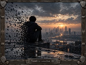 A solitary figure sits on a rain-darkened rooftop overlooking a distant city beneath turbulent clouds and a fading amber sunset. His body fragments into drifting black shards, suggesting isolation, pressure, and eroding identity. Cinematic realism, reflective puddles, muted steel tones, and a weathered guitar-inspired metal frame intensify the brooding atmosphere.