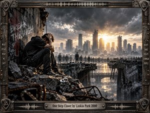 A solitary young man sits amid shattered concrete overlooking a ruined city and broken bridge, his hunched posture conveying frustration and emotional exhaustion. Dark storm clouds contrast with a glowing sunrise, while blurred figures gather below. An industrial metal frame, waveform accents, graffiti, and distressed textures create a gritty digital-cinematic atmosphere.