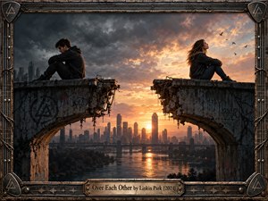 Two isolated figures sit on opposite halves of a shattered concrete bridge above a distant river city. Storm clouds yield to a fiery sunset, creating a tense contrast between darkness and hope. Weathered metal framing, guitar-string details, graffiti, exposed rebar, and warm reflections give the cinematic digital artwork an industrial melancholy.
