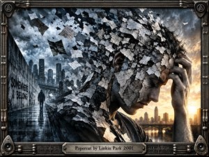 A distressed figure bows beneath a storm of torn paper fragments, suggesting psychological pressure and fractured thought. A rain-darkened industrial city stretches behind him, split between cold blue-gray clouds and warm golden light. The cinematic digital composition uses gritty textures, dramatic contrast, graffiti, and a rugged metallic musical frame.