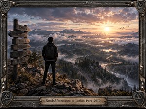 A lone traveler stands on a rocky overlook above winding roads, misty forests, rivers, and distant mountains beneath a glowing sunset. Warm gold contrasts with cool blue-gray clouds, creating reflective hope and uncertainty. Cinematic photographic realism, weathered signposts, soaring birds, and an industrial metal frame reinforce themes of choice and possibility.