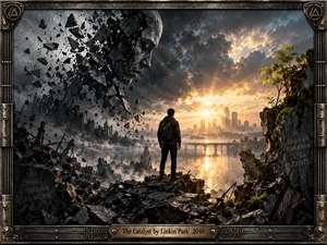 A lone figure stands amid shattered ruins overlooking a distant city beneath turbulent storm clouds and a radiant sunrise. A fragmented stone face dissolves dramatically across the dark left side, contrasting with green growth and golden light. Detailed digital realism, reflective water, industrial debris, and a weathered metal frame create apocalyptic tension and renewal.