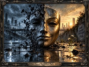A monumental split mask dominates a rain-soaked urban landscape, one half fractured into cold black shards while the other glows with weathered gold. Storm clouds oppose a warm sunset, reinforcing tension and duality. Reflective pavement, distant towers, scattered rubble, flowers, graffiti, and an industrial metal frame create cinematic intensity.