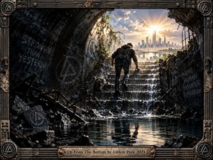 A lone figure climbs from a flooded, ruined tunnel toward a radiant city skyline, symbolizing struggle, renewal, and determined ascent. Dark stone, twisted debris, cascading water, and deep shadows contrast with warm golden sunlight and emerging greenery. A weathered industrial metal frame reinforces the cinematic, dystopian digital-art atmosphere.