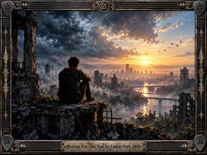 A solitary figure sits above a ruined city, watching golden sunrise break through turbulent storm clouds. Crumbling towers, misty bridges, reflective water, and emerging greenery create a melancholy yet hopeful atmosphere. Dramatic cinematic lighting contrasts charcoal ruins with warm amber skies, while an industrial metal frame reinforces the weathered, resilient mood.