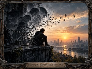 A solitary figure sits on a shattered rooftop above a distant city as dark chains, crumbling walls, and ghostly forms dissolve into birds and warm sunrise light. Cool charcoal tones shift toward glowing gold, creating a tense yet hopeful mood. Detailed digital realism and an industrial metal frame reinforce transformation and release.