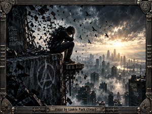 A solitary figure crouches on a shattered rooftop above a fog-filled city as dark fragments and birds spiral through a stormy sky. Cold grays and blackened metal contrast with warm sunlight breaking at the horizon. A rugged industrial frame, graffiti, cables, and a riveted title plate intensify the tense cinematic mood.