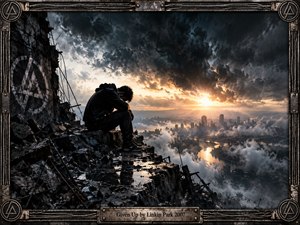 A solitary figure sits hunched on a shattered ledge above a ruined city veiled in smoke and mist. Dark storm clouds clash with a glowing sunset, creating tense contrast. Wet rubble, exposed metal, distant towers, and reflective water amplify the bleak cinematic atmosphere, enclosed by a battered industrial frame and engraved title plate.