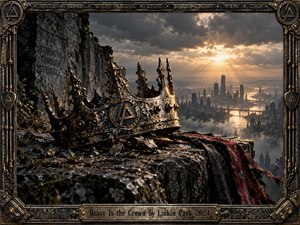 A battered metal crown rests on a ruined stone ledge above a misty futuristic city, conveying burden, conflict, and hard-won resilience. Dark steel, bronze, rust, and torn crimson fabric contrast with warm sunset rays breaking through storm clouds. Intricate industrial framing, chains, rivets, and carved details reinforce the cinematic dystopian atmosphere.