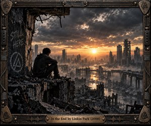 A solitary figure sits among shattered concrete above a ruined city at sunset, framed by skeletal towers, broken bridges, drifting haze, and storm-darkened clouds. Warm golden light cuts through charcoal grays, creating a reflective, melancholic mood. The cinematic digital artwork is enclosed by an industrial metal frame with engraved musical details.