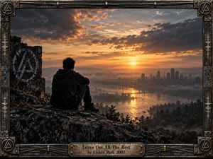 A solitary figure sits on a rocky overlook above a misty river and distant city, facing a glowing sunset beneath dramatic storm clouds. Warm gold light cuts through cool gray shadows, creating a reflective, melancholic mood. Weathered industrial framing, cables, rivets, graffiti, and symbolic emblems add a distressed cinematic character.