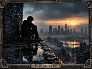 A solitary figure sits on a rain-darkened rooftop overlooking a misty industrial city at sunset, creating a tense, introspective mood. Cool blue-gray shadows contrast with warm orange light, wet reflections, distant towers, and graffiti. A rugged metallic frame with cables, rivets, waveform accents, and an engraved title plate completes the cinematic digital artwork.